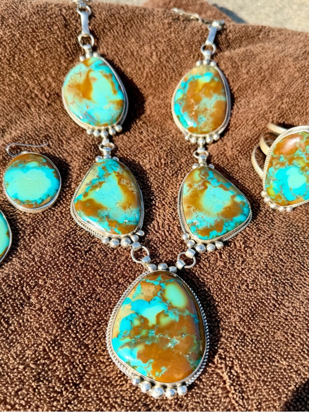 Genuine Turquoise Necklace, Cuff & Earrings, Artist Stamped- Adam Fierro